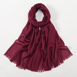 Solid wine red slub cotton long scarf for women with elegant tassel edge detail
