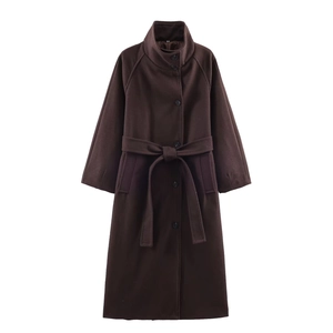 Women's brown long wool coat with stand collar, button closure, and belted waist design
