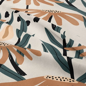 Detail of bohemian tapestry fabric showing modern floral print and fine woven texture