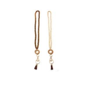 Nordic style wooden bead lanyards with rattan hoops and tassels in brown and beige