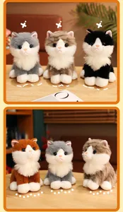 Detailed texture of fluffy plush cat dolls in grey, calico, black and white color variants