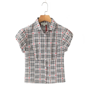 Plaid short sleeve shirt with heart and bear prints, puff sleeves and a button-down collar