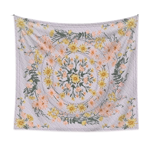 Detail of quilted square tapestry featuring purple mandala and floral embroidery texture