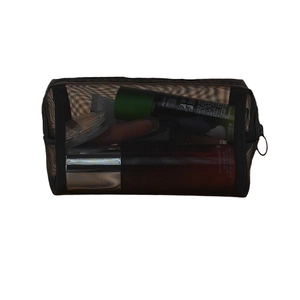 Minimalist black mesh cosmetic bag with zipper closure and breathable nylon material