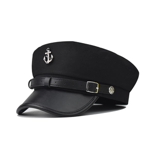 Navy Sailor Captain Hat With PU Leather Brim Metal Anchor Badge Retro Flat Top Newsboy Beret Cap For Women