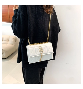 Detail of white quilted underarm bag featuring a gold S-clasp and metallic chain strap