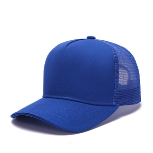 Classic navy blue mesh trucker hat with a curved brim and breathable back panel