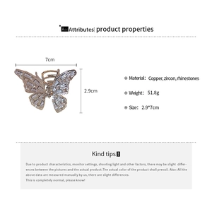 Detailed size specifications for the silver butterfly hair claw with zircon and rhinestone