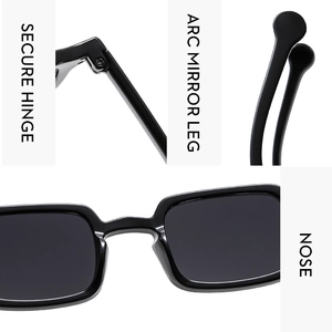Detail of secure hinges and curved legs on vintage square black sunglasses frame