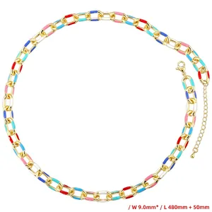 Macro detail of a 9mm gold-tone chain necklace featuring colorful enamel links