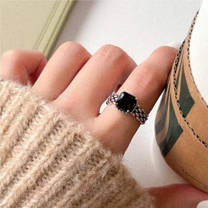925 Sterling Silver Ring Square Black Zircon Retro Weave Texture Adjustable Statement For Women