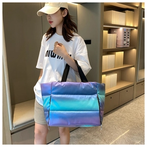 Quilted gradient fitness tote bag showing lightweight satin fabric and large capacity