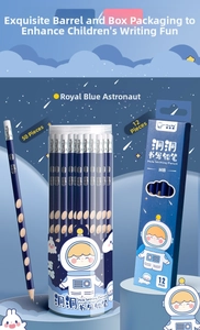 Detail of blue HB ergonomic pencils with astronaut theme in barrel and box packaging