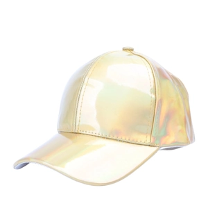 Metallic holographic gold baseball cap with iridescent mirror finish and adjustable fit
