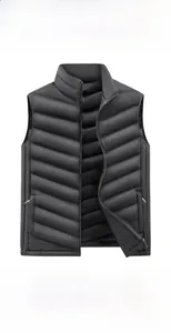 Detail showing four different fit options for this black stand-collar padded vest for men