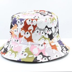 Double-sided reversible bucket hat with colorful cartoon dog pattern and sun protection