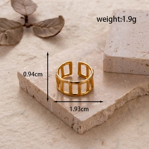 Adjustable gold titanium steel ring with geometric hollow fence frame design