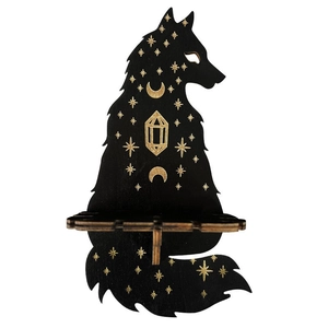 Wall-mounted black wooden shelf featuring wolf silhouette with gold celestial moon and stars