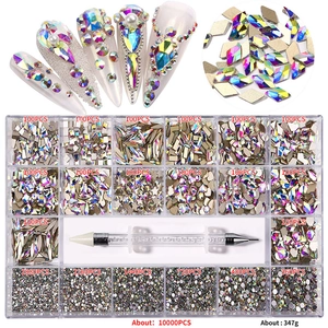 21-grid nail art rhinestone kit with AB crystals, flatback gems and dual-ended dotting pen
