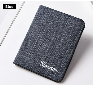 Detail of blue canvas slim wallet showing woven fiber texture and Slardar embroidery logo