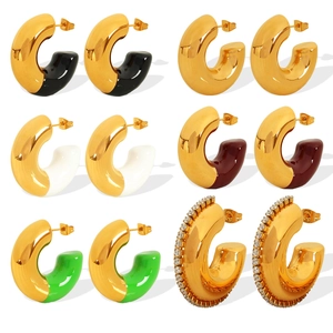Set of 6 pairs 18k gold plated C-shaped hoop earrings with colorful glaze and rhinestones