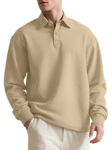 Men's khaki waffle texture long sleeve polo shirt featuring a classic button lapel
