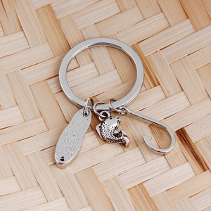 Silver metal fishing hook keychain with fish and plaque pendant for Father's Day gift
