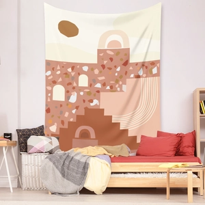 Detailed texture of bohemian tapestry featuring terracotta geometric abstract art patterns