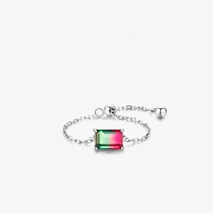 925 Sterling Silver Adjustable Chain Ring Rectangle Watermelon Tourmaline Gradient Stone Sweet Jewelry For Women