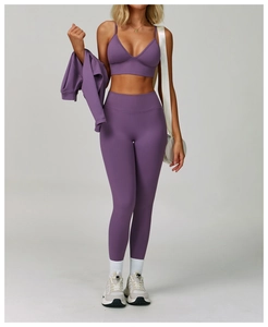 Three-piece purple seamless yoga set with V-neck sports bra and high waist leggings