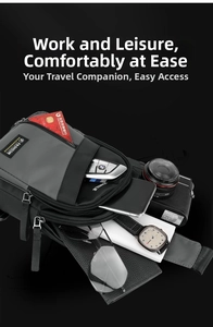 Close-up of waterproof grey and black men's chest bag with multi-layer storage compartments