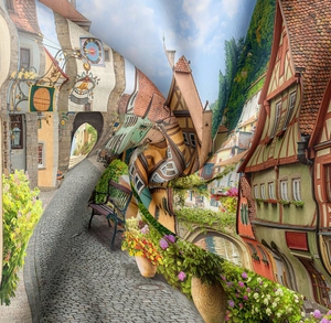 Detail of durable polyester fabric showing high-quality medieval town street print