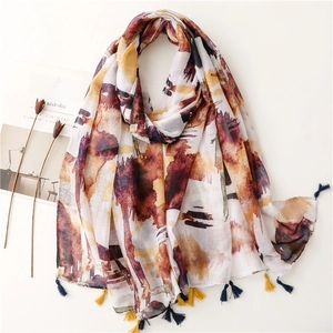 Abstract Art Print Scarf Shawl Polyester Bali Yarn With Tassels Lightweight Breathable Vintage Artistic Style For Women