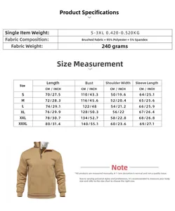 Detailed size chart for waffle fleece pullover showing weight and fabric measurements