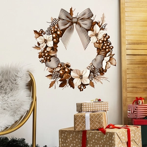 Christmas Wreath Wall Sticker PVC Removable Festive Floral Bow Graphic Home Decor Retro Brown Cream For Living Room