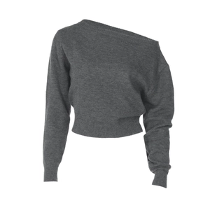 Détail d'un pull en maille gris à épaules dénudées avec poignets côtelés et coupe courte