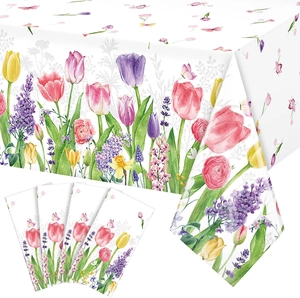 Tulip Floral Disposable Plastic Tablecloth Waterproof Rectangular Spring Butterfly Print For Birthday Party Mother Day