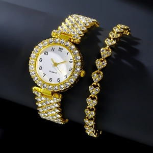 Elegant gold quartz watch set with luxury crystals and matching rhinestone bracelet