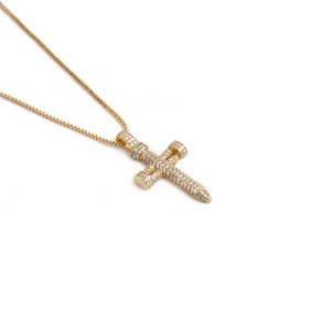 Gold-plated cross pendant necklace with screw design and pavé sparkling zircons