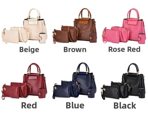 Detailed view of 4-piece woven embossed handbag set in six vibrant fashion colors