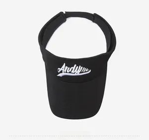 Detail of black breathable mesh sun visor with white Andyou embroidery and adjustable strap