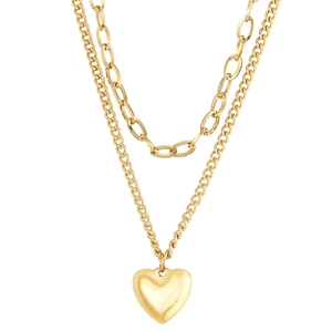 Double-layered golden stainless steel necklace with paperclip chain and heart pendant