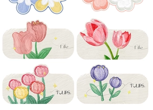 Artistic oil painting tulip stickers with Life and Tulips text for bathroom decor