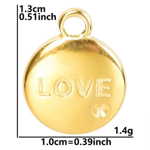 Macro detail of 18k gold plated round LOVE pendant with size and weight measurements