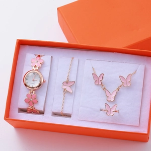 Elegantes Damen Blumen Armband Quarzuhr Schmuckset Roségold Legierung Strass Halskette Ohrringe Ring Geschenkbox