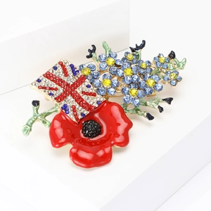 British flag poppy flower brooch with sparkling rhinestones and red enamel finish