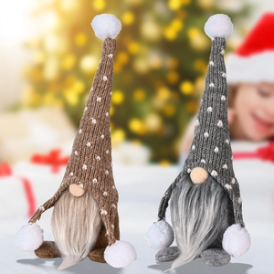 Knitted Christmas Gnomes set with tall hats and white plush beards for holiday decor