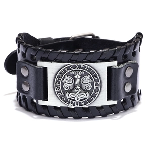 Wide black leather Viking bracelet with silver Thor's hammer metal plate and Nordic runes