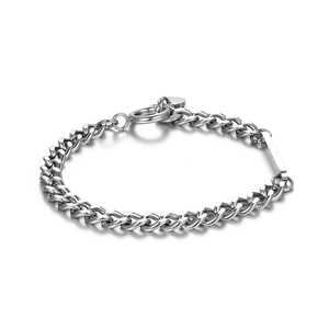 Minimalist silver titanium steel Cuban chain bracelet with ring clasp and metal tag
