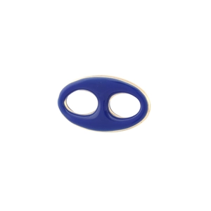 Detail of dark blue enamel pig nose link with polished gold plated metal finish